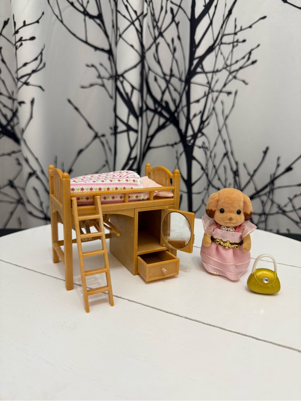 Calico Critters critter with purse and bunk bed, hangers